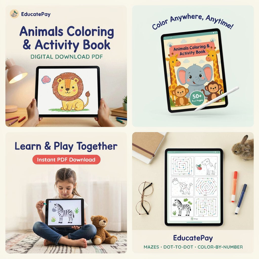 EducatePay Animals Coloring & Activity Book (Digital download PDF)