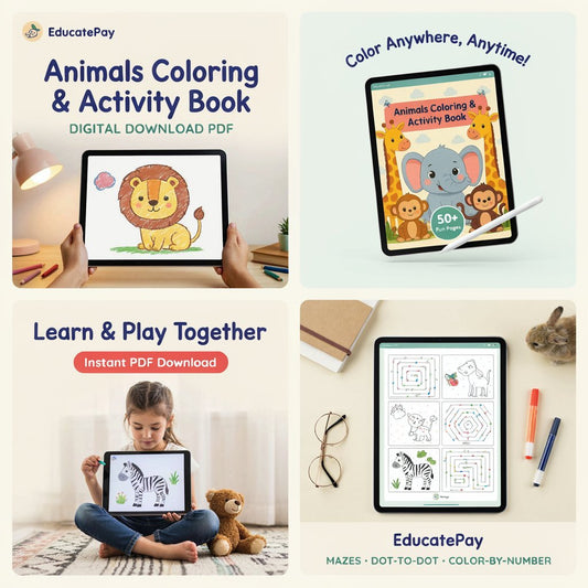 EducatePay Animals Coloring & Activity Book (Digital download PDF)