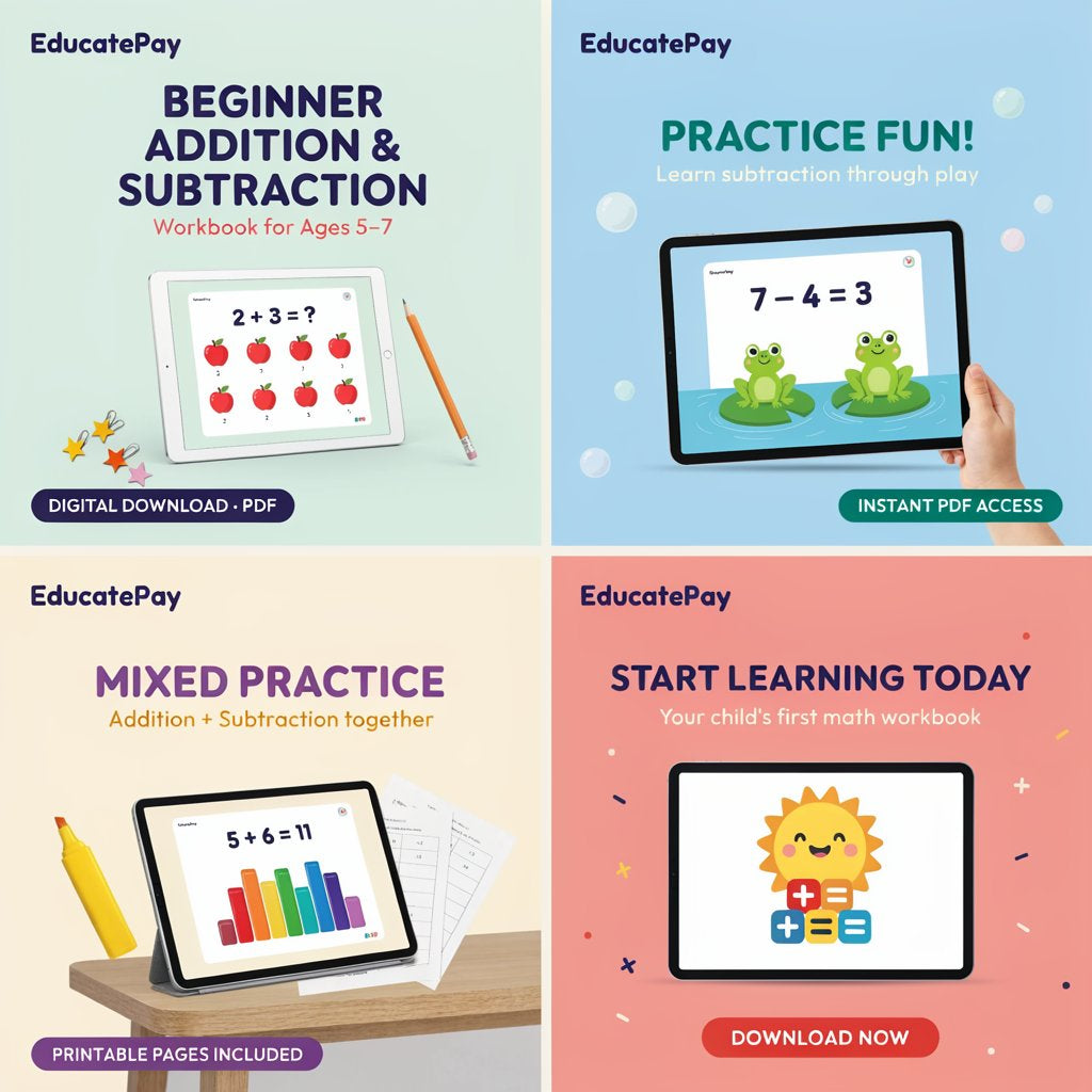 EducatePay Beginner Addition & Subtraction Workbook (Digital download PDF)